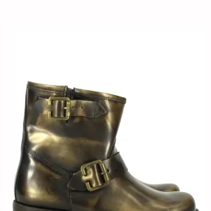 Stivaletto donna basso in pelle abrasivata bronzo tinta unita fibbia lateralle