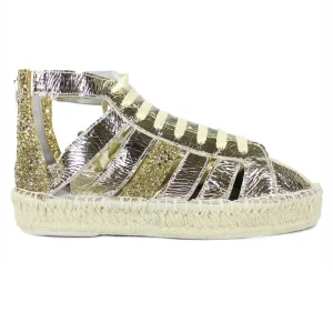 Scarpe donna modello espadrillas a stivaletto in pelle glitterate oro
