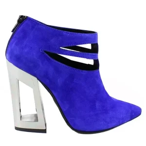 Scarpe donna modello tronchetto in camoscio blu tacco alto squadrato argento