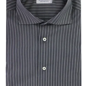 Camicia uomo sartoriale collo francese grigia fantasia riga bianca in cotone