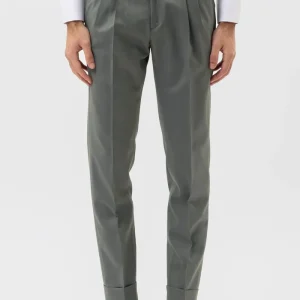 PANTALONE VERDE SOLARO VITA  ALTA UOMO IN FRESCO LANA VITALE BARBERIS CANONICO CON 2 PINCES E RISVOLTO 5CM