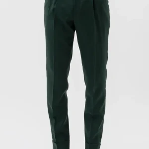 Pantalone Verde Bottiglia Vita  Alta Uomo Fresco Lana Super 130’s Bristol Tessuti Con Doppia Pinces E Risvolto 5cm