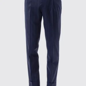 Pantalone Vita  Alta Blu Gessato Uomo Fresco Lana Mista Con Doppia Pinces E Risvolto 5 Cm