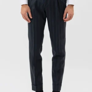 PANTALONE BLU RIGA VERDE VITA  ALTA IN FRESCO LANA SUPER 150’S BRISTOL TESSUTI NAPOLI DOPPIA PINCES E RISVOLTO 5CM.