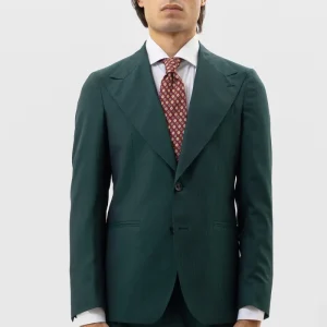 Giacca Monopetto Verde Solaro Uomo Lana E Seta Holland & Sherry Rever A Lancia 12cm E Tasche A Filo