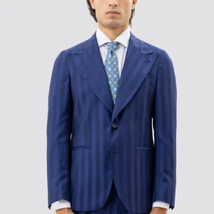 Giacca Uomo Monopetto Blu Chiaro Rigata In Fresco Lana Super 140’s Rever A Lancia 13cm Tasche A Filo .