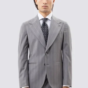 Giacca Monopetto Grigia Gessata Bianca Uomo Rever 13cm Tasche A Filo Made In Italy