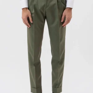 PANTALONE VERDE SOLARO VITA  ALTA UOMO FRESCO LANA  VITALE BARBERIS CANONICO CON FIBBIE LATERALI E RISVOLTO 5CM .