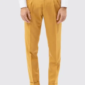 Pantalone Uomo Senape Vita  Alta In Fresco Lana Super 140 S Holland & Sherry Fibbie Laterali E Risvolto 5cm