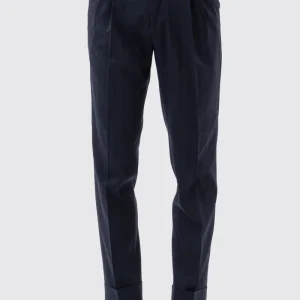 Pantalone Vita  Alta Blu Rigato Uomo Fresco Lana Mista Con Doppia Pinces E Risvolto 5 Cm .