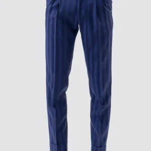 Pantalone Blu Riga Chiara Vita  Alta Uomo Fresco Lana Super 130’s Bristol Tessuti Napoli Doppia Pinces Fibbie Laterali E Risvolto 5cm .
