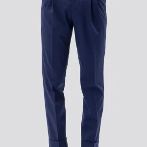 Pantalone Vita  Alta Blu Tinta Unita Uomo Con Doppia Pinces Fibbie Laterali E Risvolto 5 Cm