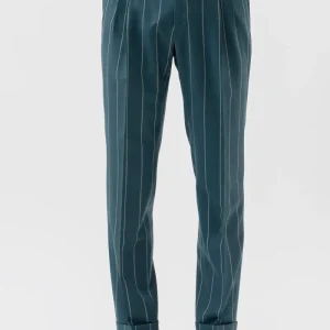 Pantalone Verde Gessato Bianco Vita  Alta Uomo Fresco Lana Super 150’s Bristol Tessuti Napoli Doppia Pinces Fibbie Laterali E Risvolto 5cm