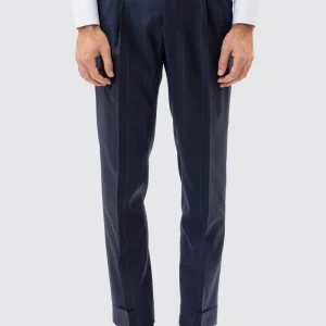 Pantalone Blu Gessato Verde Vita  Alta Uomo Fresco Lana Super 130’s Fordam Tessuti Napoli Doppia Pinces Fibbie Laterali E Risvolto 5cm .