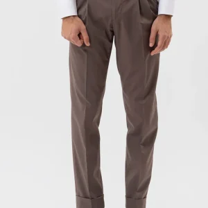 PANTALONE VITA  ALTA FANGO TINTA UNITA UOMO CON DOPPIA PINCES FIBBIE LATERALI E RISVOLTO 5 CM