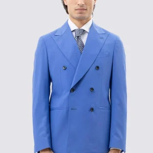 Giacca Doppiopetto Azzurra Uomo In Fresco Lana Super 130’s Vitale Barberis Canonico Con Rever A Lancia Tasche A Filo