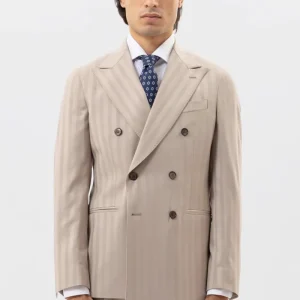 Giacca Uomo Doppiopetto Beige Rigata Rever A Lancia 13cm Tasche A Filo