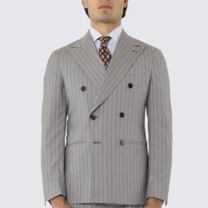 GIACCA UOMO DOPPIOPETTO BEIGE GESSATA MARRONE REVER A LANCIA 13CM TASCHE A FILO