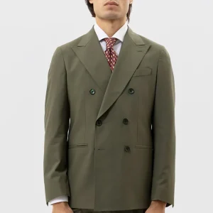 Abito Uomo Doppiopetto Verde Militare Tinta Unita Rever A Lancia 13cm Tasche A Filo