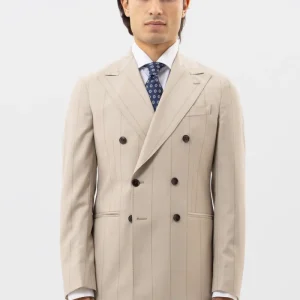 Abito Doppiopetto Beige Gessata Fango Uomo Fresco Lana Super 130’s Fordam Tessuti Napoli Rever A Lancia