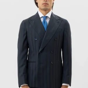 Giacca Uomo Doppiopetto Blu Riga Verde Fresco Lana Super 140’s Rever A Lancia 13cm Tasche A Filo