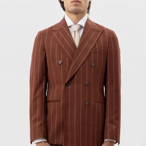 Giacca Doppiopetto Coccio Gessata Beige Uomo Fresco Lana Super 130’s Fordam Tessuti Napoli Rever A Lancia