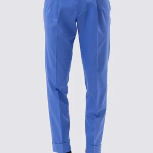 PANTALONE AZZURRO VITA  ALTA IN FRESCO LANA SUPER 130’s VITALE BARBERIS CANONICO CON DOPPIA PINCES E RISVOLTO 5CM