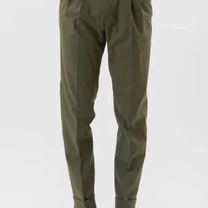 PANTALONE VITA  ALTA VERDE MILITARE UOMO EFFETTO FRESCO LANA CON DOPPIA PINCES E RISVOLTO 5 CM