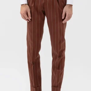 PANTALONE COCCIO GESSATO BEIGE VITA  ALTA UOMO FRESCO LANA SUPER 130’S FORDAM TESSUTI NAPOLI DOPPIA PINCES E RISVOLTO 5CM