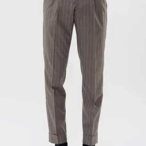PANTALONE FANGO GESSATO BEIGE VITA  ALTA IN FRESCO LANA SUPER 130’s VITALE BARBERIS CANONICO CON DOPPIA PINCES E RISVOLTO 5CM