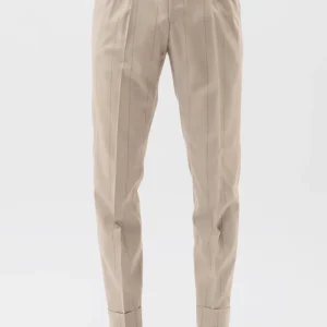 PANTALONE BEIGE GESSATO FANGO VITA  ALTA UOMO FRESCO LANA SUPER 130’S FORDAM TESSUTI NAPOLI DOPPIA PINCES E RISVOLTO 5CM
