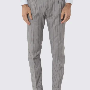 PANTALONE VITA  ALTA BEIGE GESSATO MARRONE UOMO DOPPIA PINCES E RISVOLTO 5 CM