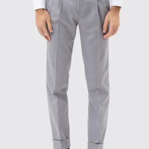 PANTALONE GRIGIO CHIARO VITA  ALTA CON FIBBIE UOMO EFFETTO LANA DOPPIA PINCES FIBBIE LATERALI E RISVOLTO 5CM
