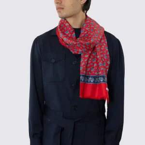 SCIARPA UOMO ROSSA REVERSIBILE IN PURA LANA E SETA FANTASIA MULTICOLOR CON FRANGE TAGLIO VIVO