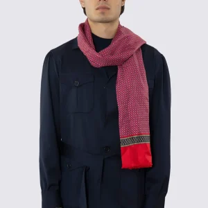 SCIARPA UOMO ROSSA REVERSIBILE IN PURA LANA E SETA FANTASIA MULTICOLOR CON FRANGE TAGLIO VIVO