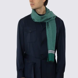 SCIARPA VERDE REVERSIBILE UOMO IN PURA LANA E SETA FANTASIA MULTICOLOR CON FRANGE TAGLIO VIVO