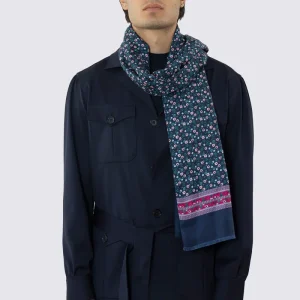 SCIARPA BLU REVERSIBILE UOMO IN PURA LANA E SETA FANTASIA MULTICOLOR CON FRANGE TAGLIO VIVO