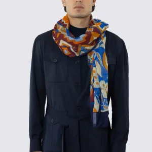 SCIARPA BLU UOMO IN PURA LANA STAMPATA FANTASIA MULTICOLOR CON ORLO RIFINITO A MANO