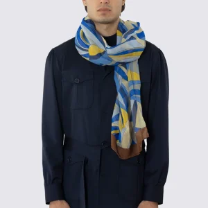 SCIARPA MARRONE UOMO IN PURA LANA STAMPATA FANTASIA MULTICOLOR CON ORLO RIFINITO A MANO