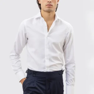 CAMICIA BIANCA RIGA DIAGONALE TONO SU TONO UOMO EFFETTO LUCIDO 100% COTONE COLLO SEMI FRANCESE POLSO SMUSSATO