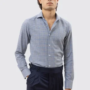 CAMICIA BLU FANTANTASIA GALLES SLIM FIT UOMO 100% COTONE COLLO SEMI FRANCESE POLSO SMUSSATO