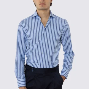 CAMICIA  AZZURRA RIGA BLU SLIM FIT 100% COTONE COLLO SEMI FRANCESE POLSO SMUSSATO MILETA TESSUTI