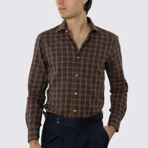 CAMICIA MARRONE FANTANTASIA GALLES SLIM FIT UOMO 100% COTONE COLLO SEMI FRANCESE POLSO SMUSSATO