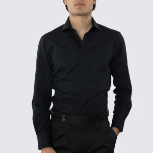 CAMICIA NERA SLIM FIT 100% COTONE NO IRON TINTA UNITA COLLO SEMI FRANCESE POLSO SMUSSATO MILETA TESSUTI