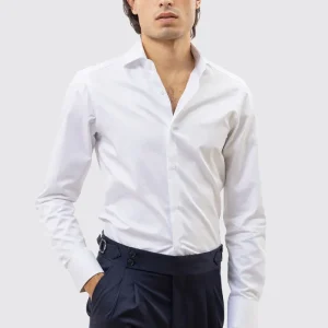 CAMICIA BIANCA SLIM FIT 100% COTONE NO IRON TINTA UNITA COLLO SEMI FRANCESE POLSO SMUSSATO MILETA TESSUTI