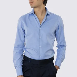 CAMICIA  AZZURRA SPIGATA SLIM FIT 100% COTONE  COLLO SEMI FRANCESE POLSO SMUSSATO MILETA TESSUTI