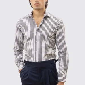 CAMICIA  BIANCA RIGA MARRONE E CELESTE SLIM FIT 100% COTONE COLLO SEMI FRANCESE POLSO SMUSSATO MILETA TESSUTI