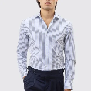 CAMICIA  BIANCA RIGA BLU E CELESTE SLIM FIT 100% COTONE COLLO SEMI FRANCESE POLSO SMUSSATO MILETA TESSUTI