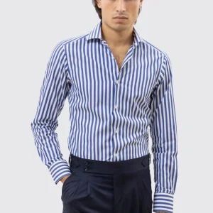 CAMICIA  BIANCA RIGA LARGA BLU SLIM FIT 100% COTONE COLLO SEMI FRANCESE POLSO SMUSSATO MILETA TESSUTI