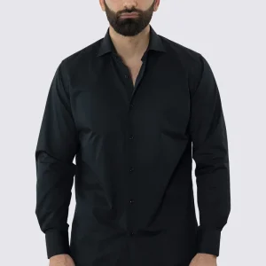 CAMICIA NERA REGULAR FIT 100% COTONE NO IRON TINTA UNITA COLLO SEMI FRANCESE POLSO SMUSSATO MILETA TESSUTI